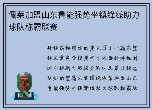 佩莱加盟山东鲁能强势坐镇锋线助力球队称霸联赛